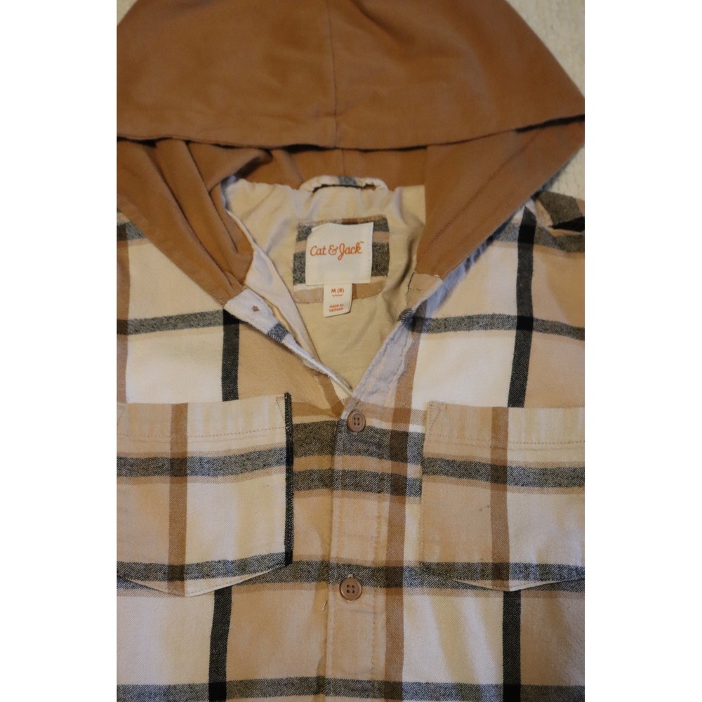 Cat & Jack Boys Plaid Hooded Flannel Shirt Jacket Tan Brown Size M 8 - Picture 2 of 4